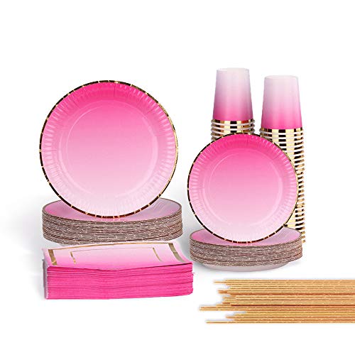 Ottin Ombre Hot Pink Party Supplies 50-counts Include Disposable Paper Napkins/Cups/Plates Straws Dinnerware Set for Birthday Wedding Bridal Shower Rainbow Party Baby Shower Weekend Party - Thumbnail 7