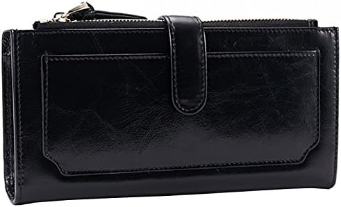 Hereby Kuer Women’s Leather Bi-fold Button Pure Color Clutch Purse Card Holder Long Handbag Wallet For Ladies' Gift (Black)