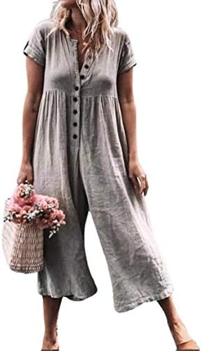 New Women Summer Short Sleeve Jumpsuit Playsuit Casual Button Up Loose Rompers Trousers