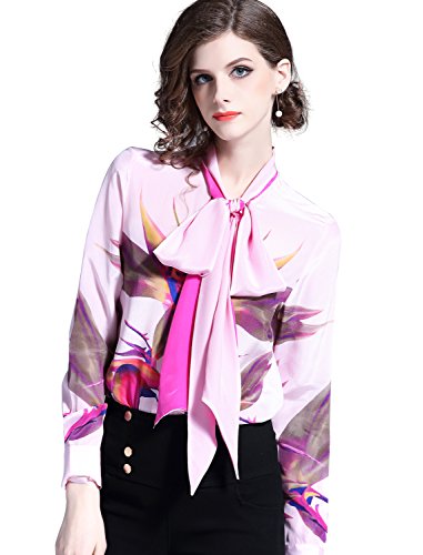 Women's Paisley Print Tie Neck Shirt Regular Fit Long Sleeve Blouse Tops Purple