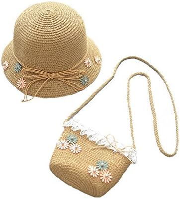 Rowai Straw Sun Hat Bag Set, Cute Bow Summer Beach Flower Bow Lace Sun Cap and Handbag for Kids Girls