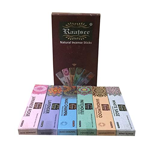 raajsee Incense Sticks 6 Pack Variety Set 15gm Each, Nagchampa-Lavender-Sandalwood-Patchouli-Japanese Rose-White Sage,100% Organic Hand Rolled- Perfect for Church,Aromatherapy,Relaxation Meditation