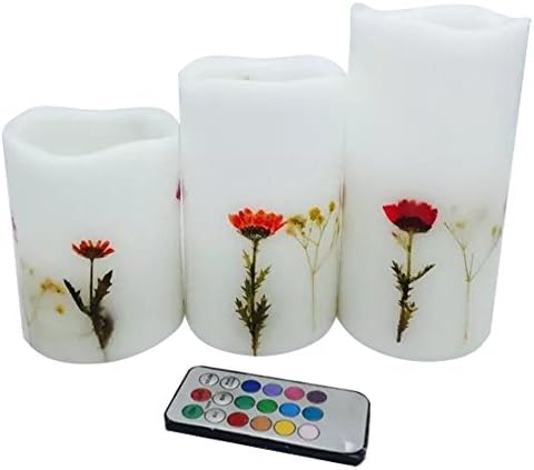 Adoria White Flameless Led candle-Real Wax Battery Candle-Remote Timer Pillar Candle-Natrual Dry Flower InlayedTall 4",5",6", Set of 3