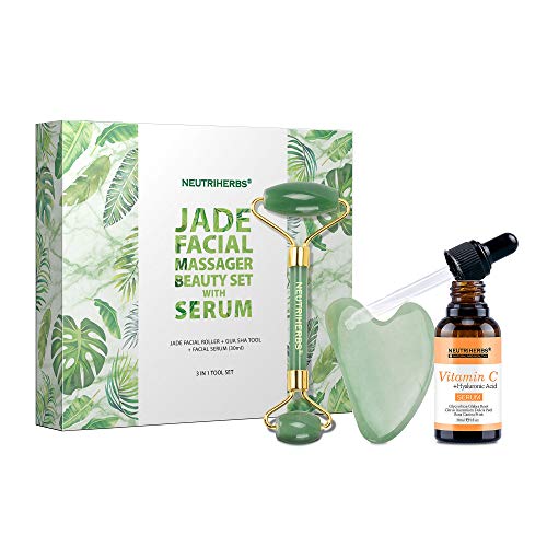 NEUTRIHERBS Jade Roller and Gua Sha Set for Face with Vitamin C Serum (3 in 1 Kit) Facial Massage Skin Care for Eye…