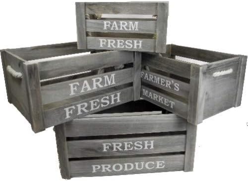 Rosies SET OF 4 LARGE GREY WOODEN CRATES ROPE HANDLES - FARMERS MARKET