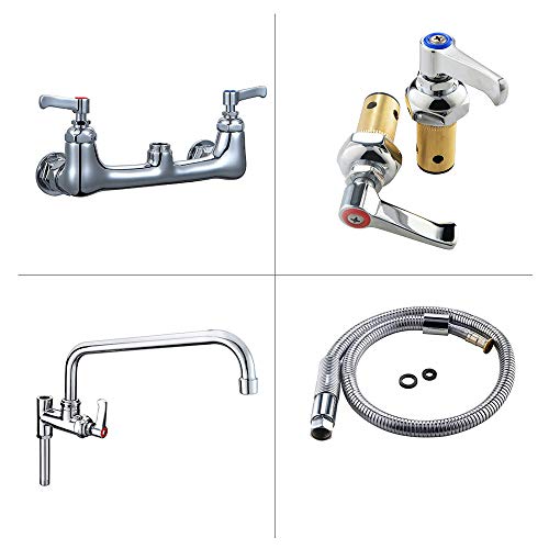 SEAAN Commercial Sink Faucet Wall Mount Pre-rinse Faucet 2 Handle Pulldown Kitchen Faucet with Sprayer- 36" Height 8" Center, 12" Add-on Spout, Chrome Finished, Heavy Duty