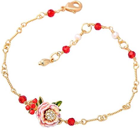 Ladies Exquisite Cloisonné Handmade Enamel Fairy Rose Twisted Hand Chain Bracelet for Women, Vintage Real Gold, Gorgeous Red