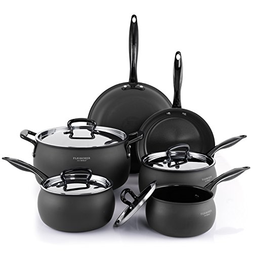 Click Here to See More Images Fleischer & Wolf Aluminum Black Nonstick Cookware Set (10-Piece) -Titanium Ceramic Coating Interior Cuisine Set-Oven and Grill safe Kitchen Pots and Pans Set - Hand Wash Recommended