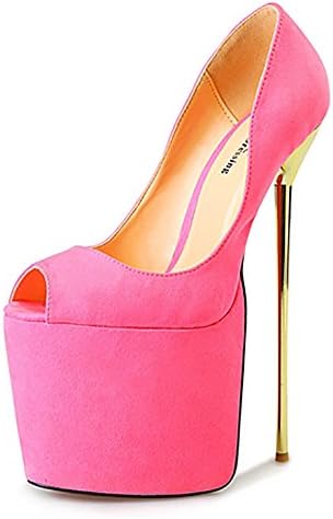 Leeminus Women's Suede Ultra High 22cm Metal Heel Peep Toe Pump Shoes Pink 10 B(M) US