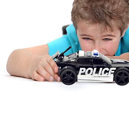 Friction Powered Police Car Toy Rescue Vehicle with Lights and Siren Sounds for Boys Toddlers and Kids, Pull Back 1:20 Diecast Emergency Transport Vehicle Car