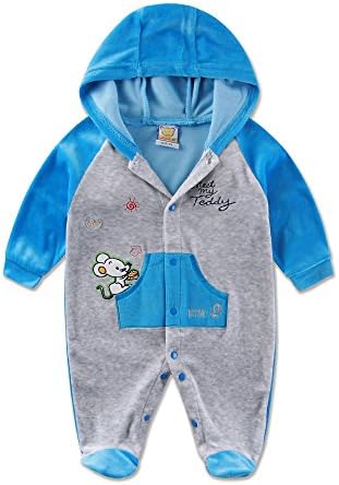 Little Q Velour Button Toddler Cute Cartoon Long Sleeve Baby Bodysuit Hooded Footies (Size 68, Blue)