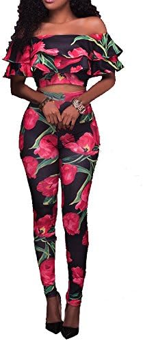 YouSun Women's Floral Print Sleeveless Strapless Top Casual Bodycon Stretch High Waist Long Pants 2 Pieces Jumpsuit