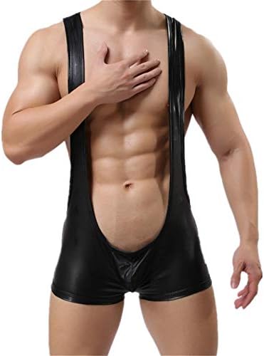 Kwelt Mens Jockstrap Wrestling Leather Underwear Bodysuit Soft Thin Freestyle Bikini Bodysuit Jumpsuit Clubwear