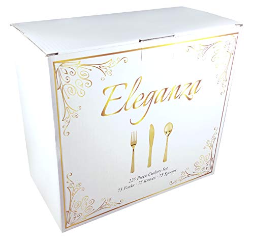 225 Piece Disposable Plastic Cutlery Set in Gold by Eleganza - Seats 75 Guests - Silverware Flatware Tableware for Weddings and Special Occasions