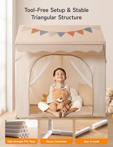 Besrey 2-in-1 Kids Play Tent with Canopy for Indoor and Outdoor Use with Lights, Bunting and Mat, Large Design for Reading and Creative Games - Ideal Christmas Gift for Kids
