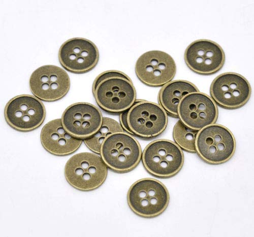 100 Antique Bronze Vintage Look 12mm to 13mm Round Metal Buttons. Ideal for Clothes, Includes 4 Sewing Holes — image 1