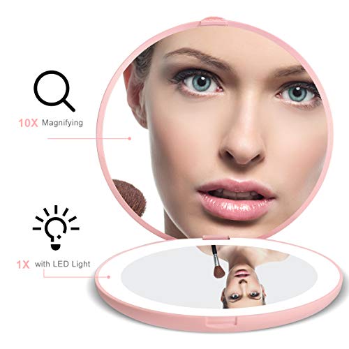 LED Lighted Travel Makeup Mirror, 1x/10x Magnification Compact Mirror, Portable for Handbag