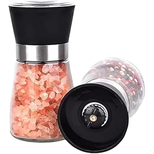 Kit 2 Moedor Triturador Giratório de Sal Pimenta Premium em Vidro Aço Inoxidável para Grãos Condimentos Secos Temperos Saleiro Pimenteiro de Mesa Ideal Cozinha Restaurante Hamburgueria