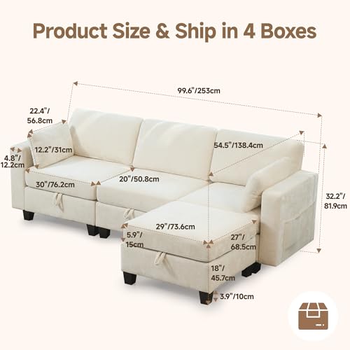 Real Relax 99.6'' Oversized Sectional Sofa, Modular 3 Seater L Shaped Comfy Cloud Couch with Storage Movable Ottoman and Thick Cushion for Apartment Living Room Bedroom, Beige, Chenille