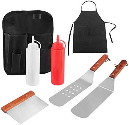 Doatry Portable 7 Piece Stainless-Steel BBQ Tool Kit with Belt Bag of Build-in Pocket include Spatulas, Scrapper and Waterproof Apon