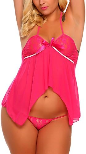 Vestyle Women Plus Size Lingerie Lace Two Pieces Sexy Transparent Sleepwear Dress,Rose,12W
