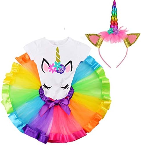 LYLKD Little Girls Unicorn Outfit Dress,Layered Rainbow Tutu Skirt,Unicorn T-Shirt and Unicorn Horn Headband.