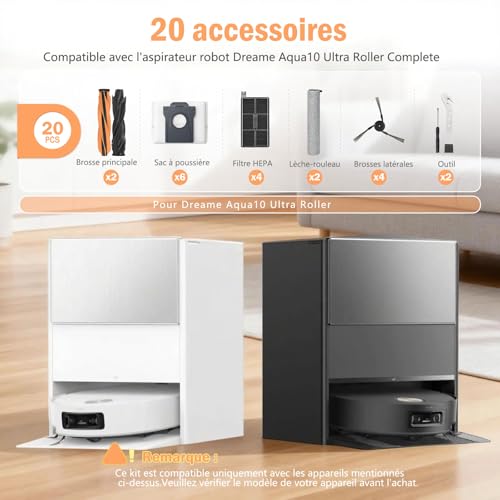 Set of 20 Accessories for Robot Dreame Aqua10 Ultra Roller Complete | 2 x Main Roller Brush, 2 x Roller Mop, 4 x Side Brush, 6 x Activated Carbon Dust Bags