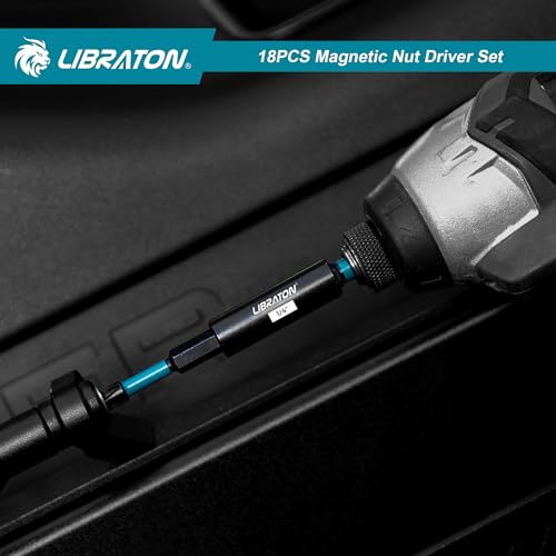 LIBRATON Magnetic Nut Driver Set, 18PCs Impact Driver Bit Set, Deep Nut Drivers Set, Metric Nut Driver for Impact Drill, 5-14 MM Nut Drivers and 6-17 MM Nut Deep Drivers, Bit Holder, for Car Repairs