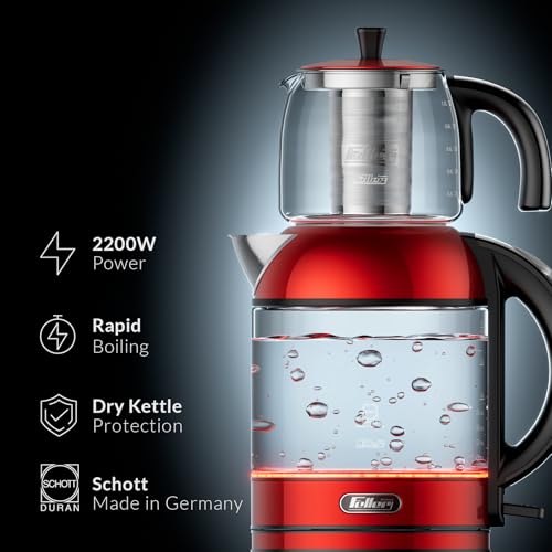 Feller Germany TS289 2-in-1 Tea Maker, 2L German Schott Glass Kettle + 1L Teapot, 2200W Strix Control, Keep Warm, BPA Free, Stainless Steel Filter (Red)