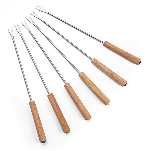 Set of 6 Stainless Steel Fondue Forks Wood Handle Heat Resistant 9.5" - for Chocolate Fountain Cheese Fondue by Sago Brothers