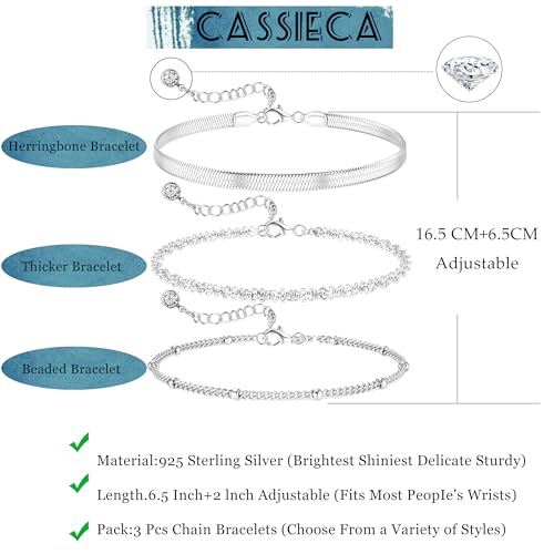 CASSIECA Sterling Silver Bracelets for Women Ladies Silver Bracelets Layered Dainty Link Chain Bracelet Adjustable Stackable Beaded Bracelets for Women Girls