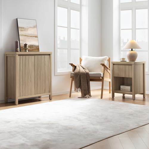 SICOTAS Fluted Night Stand Set of 2, Farmhouse Nightstands with Drawer, Boho Bedside Table with Storage Shelf, Large End Tables Bed Side Tables for Bedroom, Light Oak