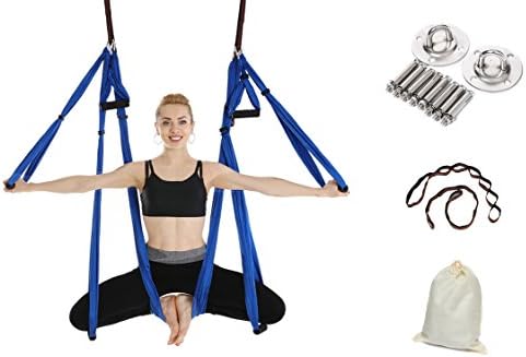 Gpeng Aerial Flying Yoga Hammock Set - Yoga Swing/Inversion/Sling Hammock with 2 Daisy Chain Adjustable Straps + All Installation Hardward + Installation Guide (Blue)