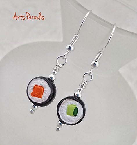 Tiny Sushi Roll Maki Orange and Green Japanese Seafood Ceramic Drop Earrings by ArtsParadis