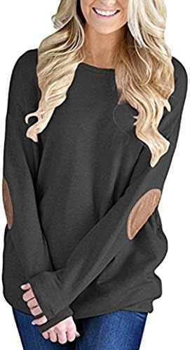 SocoToo Womens Casual Long Sleeve Crewneck Elbow Patches Lightweight Tunic Sweatshirt Tops,Black,Large / US12-14