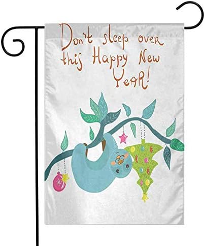 Eastlif Beautiful Garden Flag Sloth Childish Doodle of Funny Mammal and Christmas Tree with Comic New Year Phrase Artwork Primitive Garden Decorations Multicolor