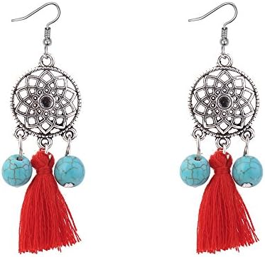 Romantic Fate Retro Circle Hollowed-out Lotus Long Ear-pendant Earrings Red Fringed Turquoise Hook Jewelry