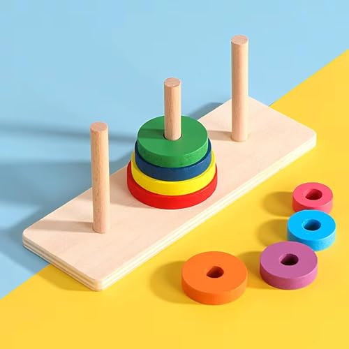 Torre de Hanói em Madeira Colorida, Jogo de Empilhamento Lógico com 8 Camadas, Raciocínio Lógico Concentração Habilidade Matemática 17x3 cm