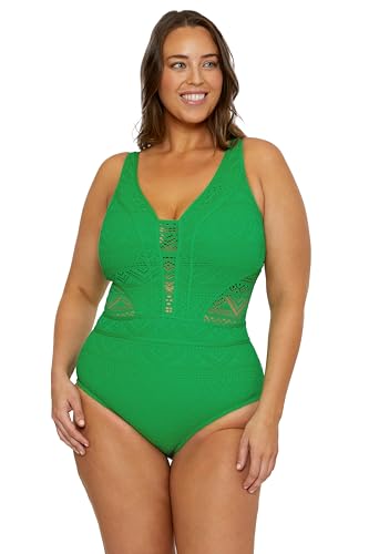BECCA ETC. Women's Standard Color Play Plus Size Crochet Tummy Control One Piec…