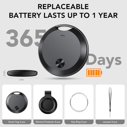 Tracker Tags Bluetooth Item Finder-4Pack，Compatible with Apple Find My APP (iOS Only) Replaceable Battery, IP67 Waterproof, Suitable for Luggage, Bags, Wallets, Backpacks, Keys Tracking Tag, Black