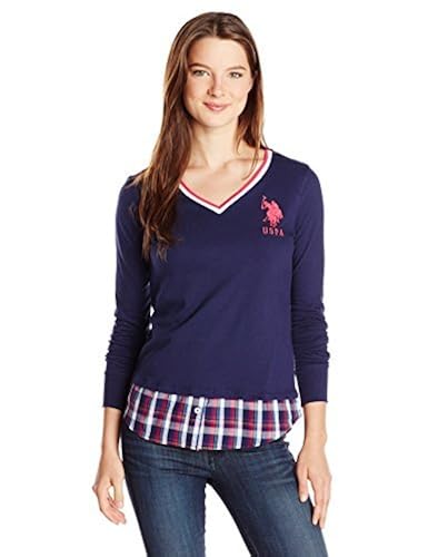 Polo Juniors Solid Long Sleeve Jersey V-Neck with Plaid