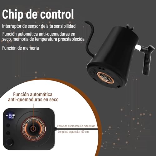GALASALA Tetera Electrica de Cuello de Cisne de 1 L, Hervidor Agua Electrico de Acero Inoxidable 304, 800W de Calentamiento Rápido, Tetera Cuello de Cisne Portátil，con Apagado Automático