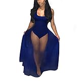 Metup Women Tank Bodycon Bodysuit with Pleated Semi Sheer Mesh Skirt