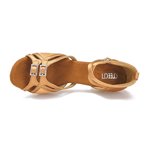 CLEECLI Women's Ballroom Salsa Latin Dance Shoes Adjustable Forefoot Desingn 2.5" Heel ZB11(8.5,Tan-2.5")