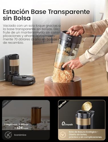 Q20+ Plus Robot Aspirador y Fregasuelos 10000 Pa/200Mins, con 4L Base Autovaciado sin Bolsa, Navegación y Cartografía por Láser por App/Voz/Control, para Suelos/Alfombras y pelos de Mascotas