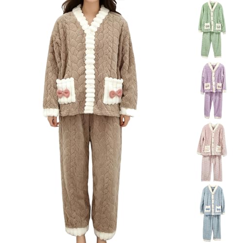 Fleece Pyjamas Women, Fluffy Pyjamas Sets Soft Warm Lounge Wear Set Long Sleeve Button Tops And Pants Ladies 2 Piece Fluffy Pjs Sets Loungewear Nightwear Sleepwear With Cute Bow Pockets One Size