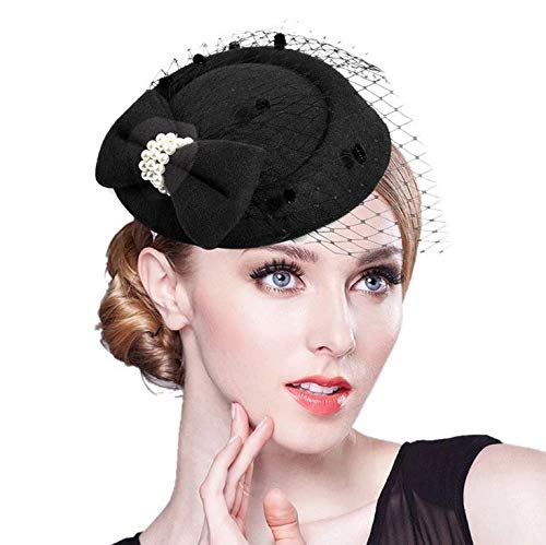 Losuya Women's Fascinators Hat Pearl Bow Style Cocktail Party Pillbox Hat with Veil Hair Clips (Black)