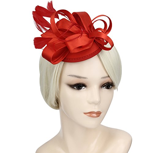 Acecharming Fascinators for Women, Feather Sinamay Fascinators with Headbands Tea Party Pillbox Hat Flower Derby Hat(Red Feather)