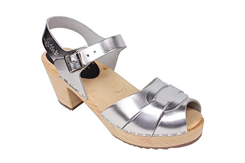 Lotta From StockholmSwedish Peep Toe Clog Sandal for Women | Comfortable and Stylish High Heel Open Toe Wooden Clog Handcrafted in Sweden | Alder Wood Base and PU Coated Leather | Silver