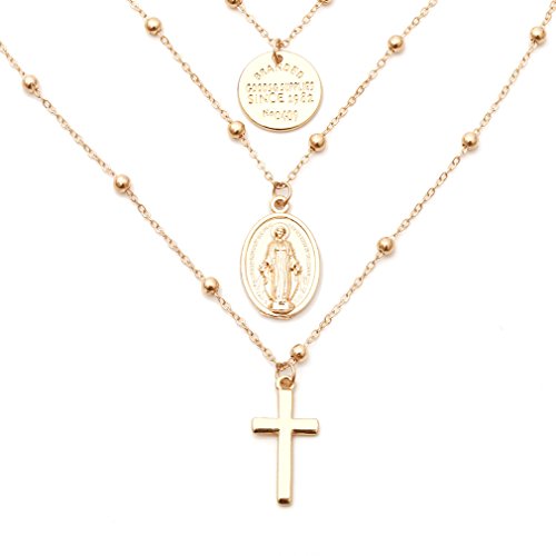 Dolland Bohemian Retro Carved Coin Bullion Virgin Mary Cross Pendant Clavicle Necklace Multi-Layer Bead Chain Necklace,Gold Coin